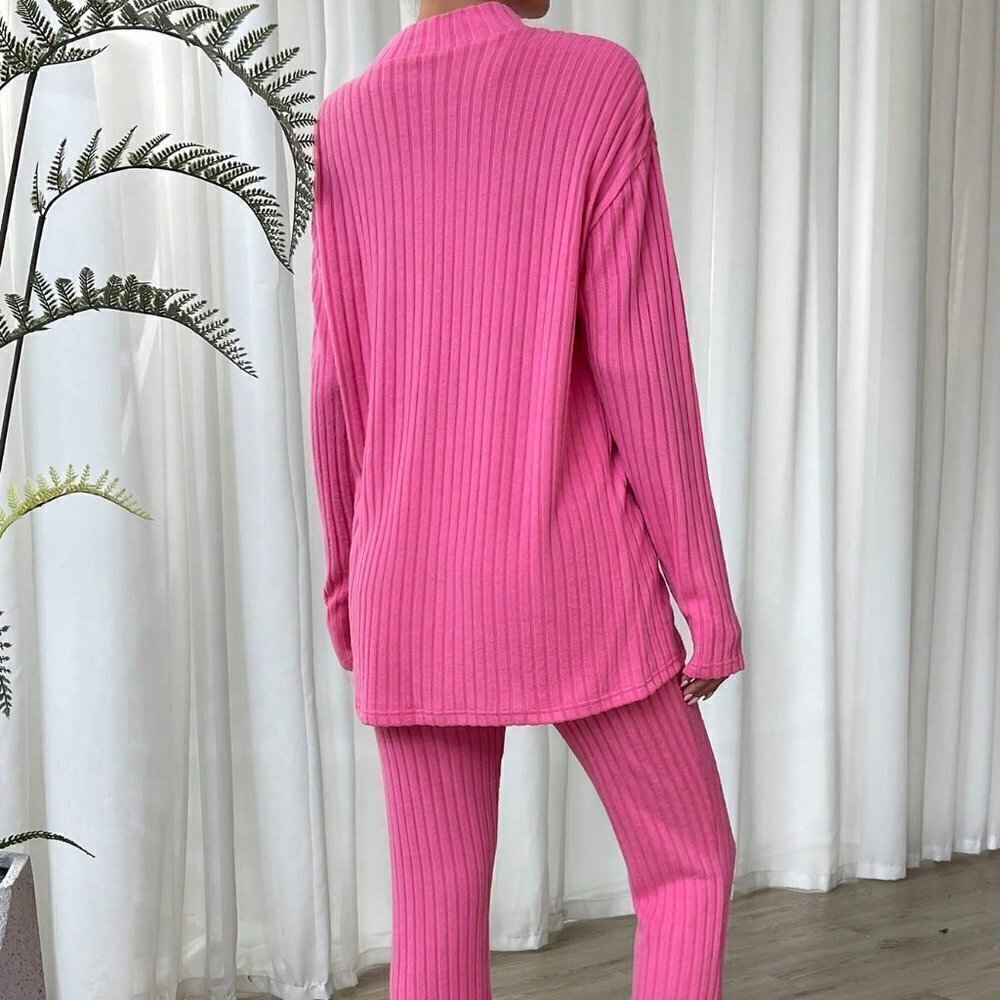 Pink Preppy Womens Mock Neck Drop Shoulder Tee & Pants - Picture 3 of 5
